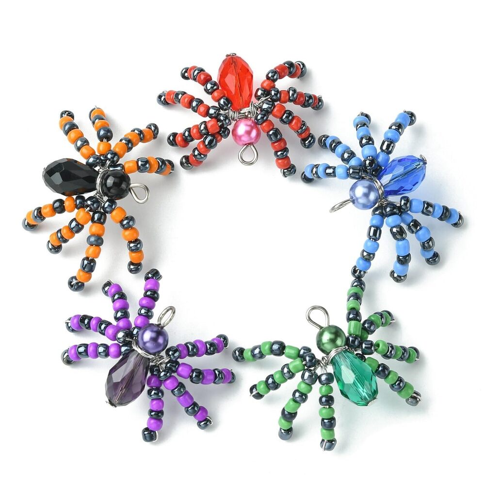 6908 10Pcs Colorful Glass Seed Beads Spider Pendants Beaded Animals Charms